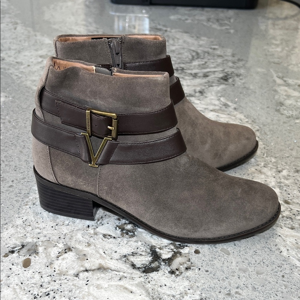 Vionic Taupe Suede Ankle Boots with Dark Brown Strap